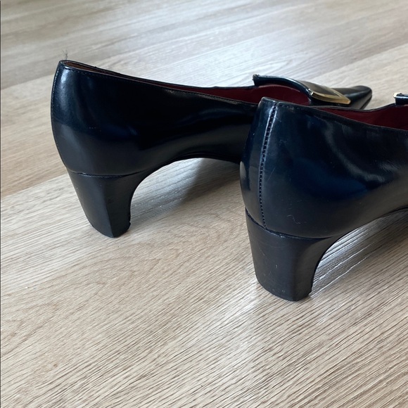 Sergio Rossi Black Leather Pumps Gold Buckle Square Toe Heels Classic Designer - Picture 4 of 13